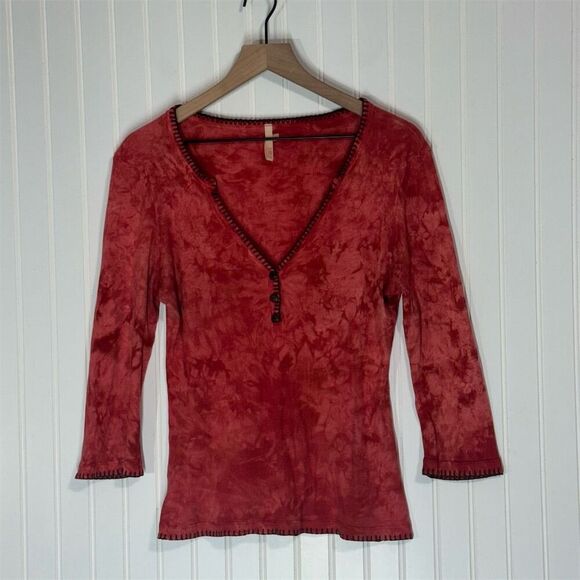 Me & Ko Tops - Me & Ko Red Tie Dye Henley Top M Boho Cottagecore Ribbed Cotton USA Made